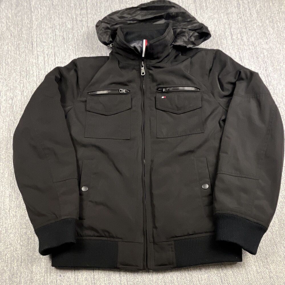 Tommy Hilfiger Bomber Jacket Mens M Black Hooded Four Pocket Poly Twill Covert
